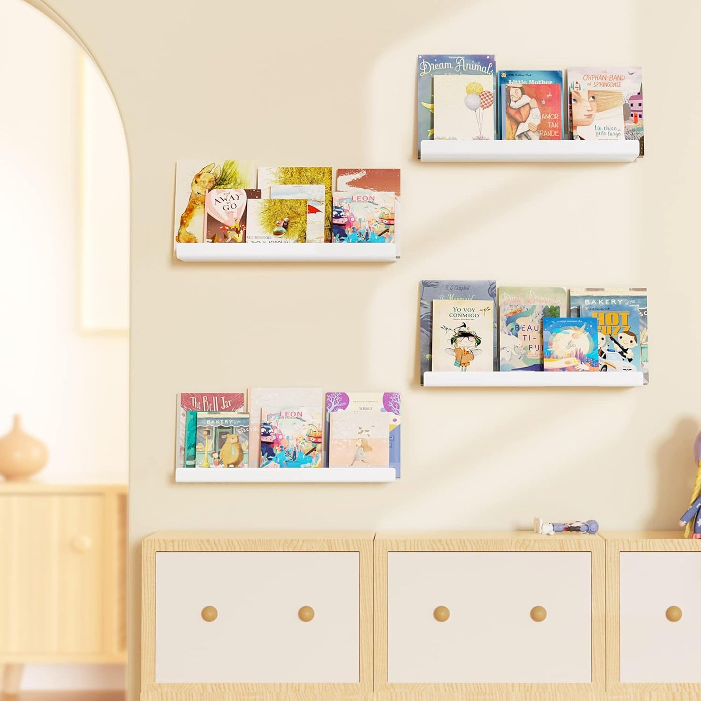 upsimples Acrylic Shelves for Wall Decor, 15" Display Shelf Perfume Organizer for Bathroom, Bedroom, Living Room, Floating Bookshelves for Kids, White, 4 Pack
