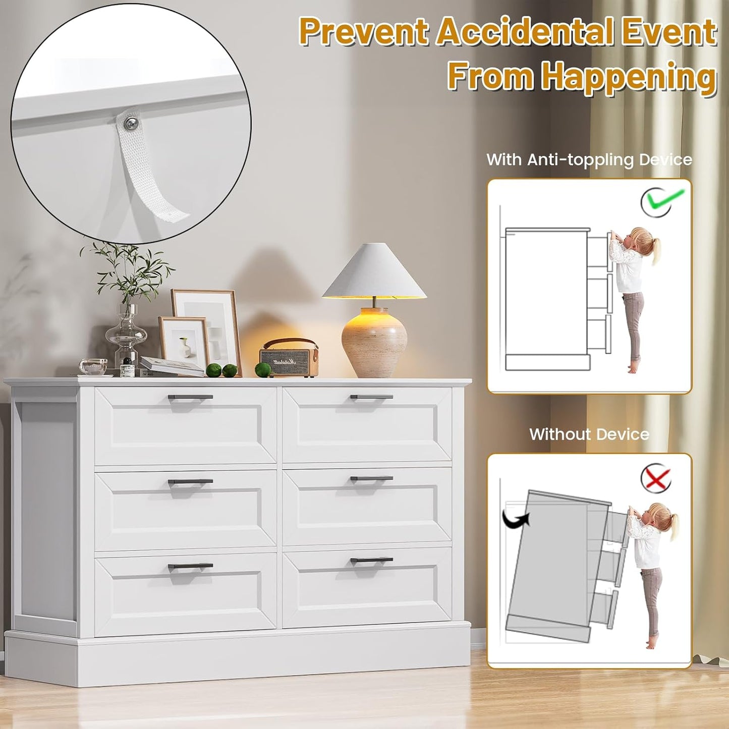 White Dresser for Bedroom with 6 Drawer, Bedroom Furniture Organizer Storage, Wood Double Dresser & Chest of Drawers, Modern Farmhouse Style, Dressers for Closet, Living Room 30” Tall