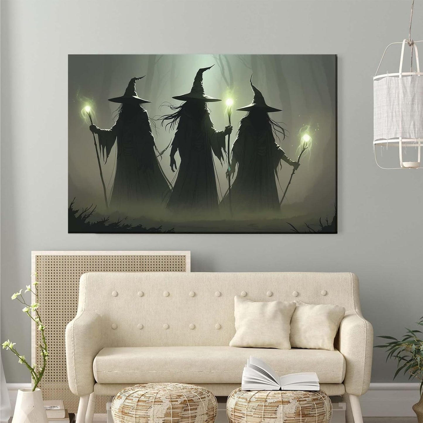 JFHCQJPK Vintage 3 witches canvas wall decor melancholy dark Halloween poster wall decor holding a staff print Gothic horror Halloween painting print for living room bedroom28x40in Frameless