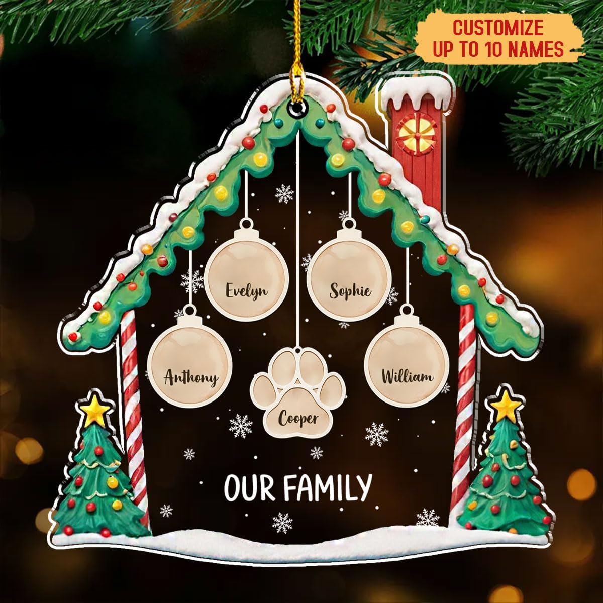 Personalized Family Christmas Acrylic Ornament 2024 - Custom Name Charms Family Members up to 10 People and Pets, Paw Charm Ornament Gifts for Family Tree Decoration (A02, 9 Names)