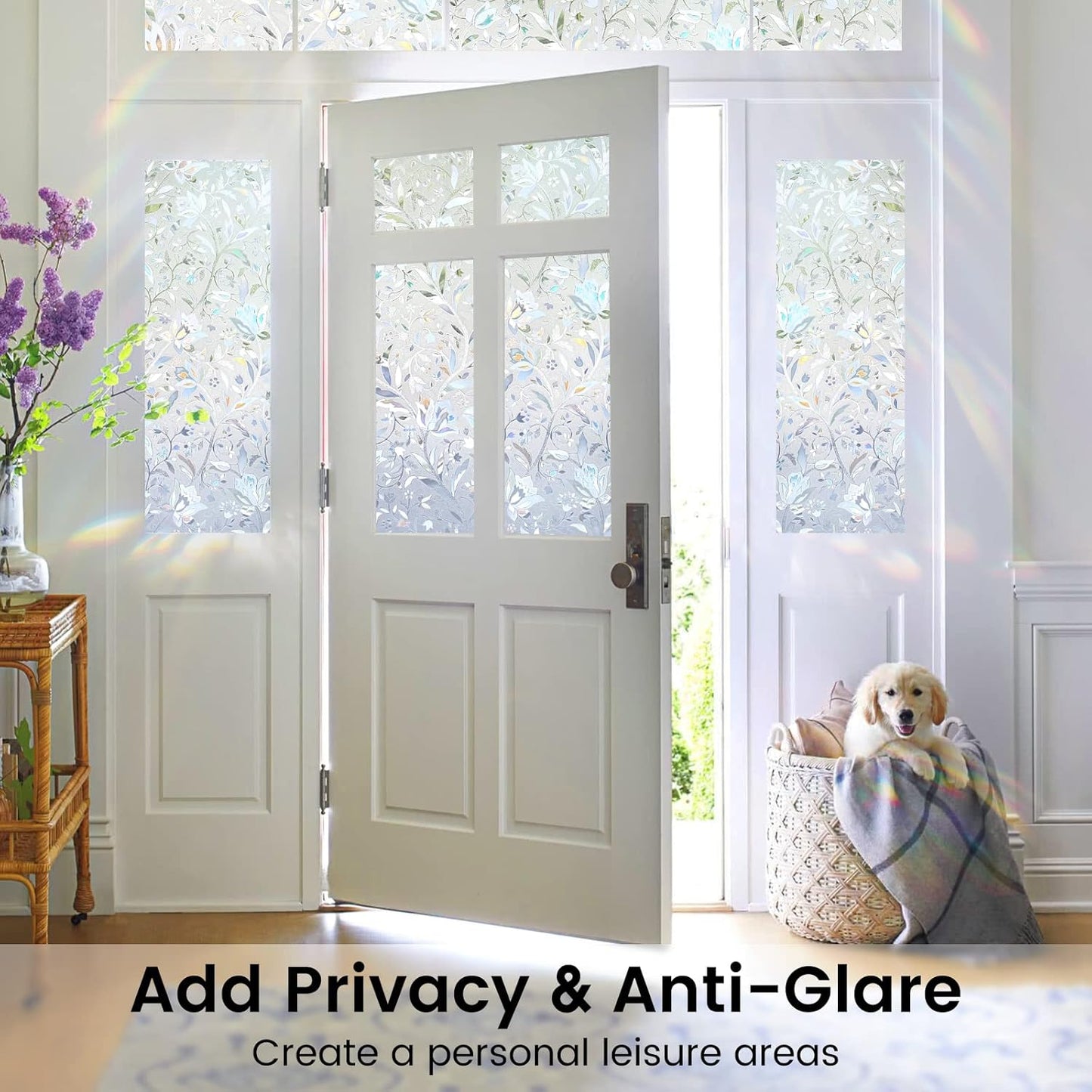DOWELL Window Privacy Film, 3D Stained Glass Rainbow Films, Decorative Window Vinyl Sun Blocker Door Covering, Static Cling Non-Adhesive Glass Sticker for Home, Blooming Flowers, 35.4"x78.5"