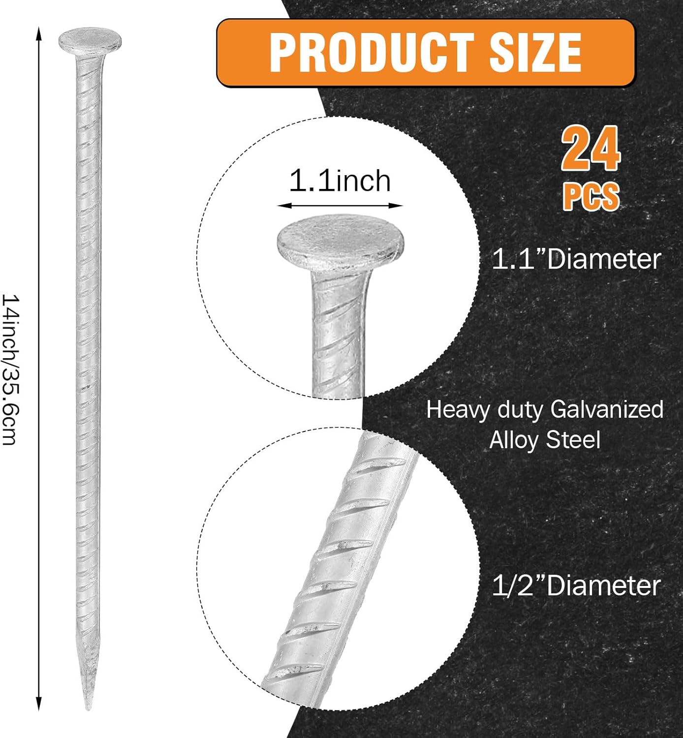 Tandefio 12 Pcs 14 Inch Rebar Stakes, 1/2 Inch Diameter Threaded Galvanized Steel Ground Anchors Plant Support Garden Stakes, Heavy Duty Metal Landscape Spikes for Speed Bump Tent