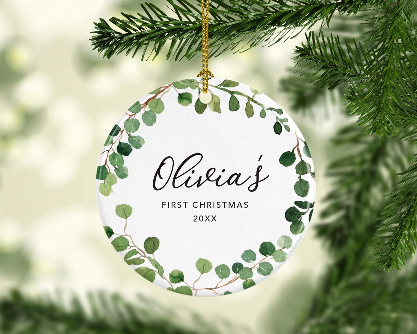 Andaz Press Personalized Round Ceramic Porcelain Christmas Tree Ornament Keepsake Collectible New Baby Gift, Olivia's First Christmas 2025, Farmhouse Eucalyptus Wreath, 1-Packs