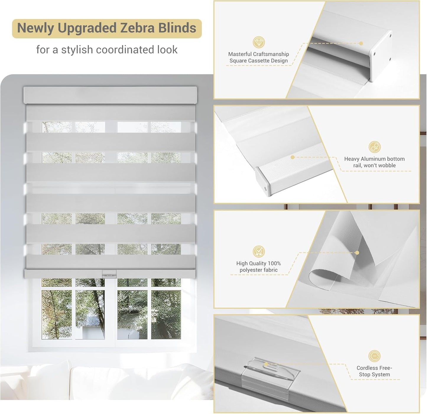 Cordless Zebra Blinds for Windows, Blackout Interior Blinds,Easy to Install,UV Protection,for Offices and Home,Custom Roller Shades, Solid White, 20" W x 88" H