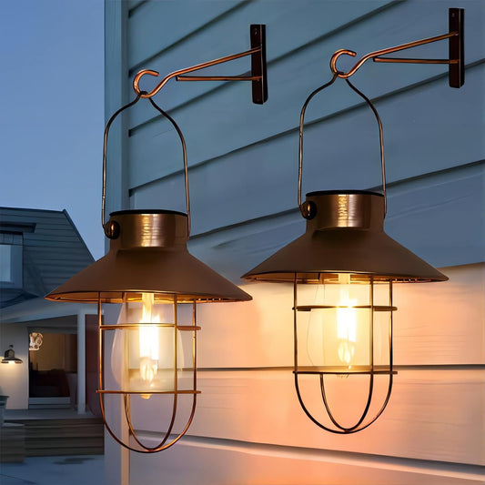pearlstar Solar Lanterns Outdoor Metal Solar Powered Hanging Lights Waterproof for Barn Wall Yard Garden Patio Garage Balcony Porch Fence Decor, Warm White Edison Bulb (Copper-2pack)