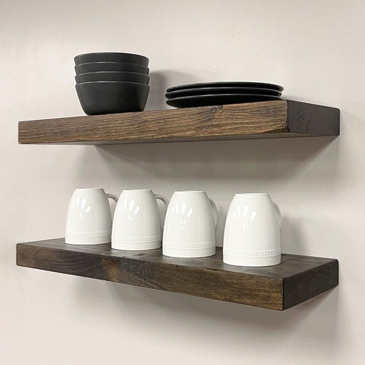 URBANDI, Rustic Floating Shelves, Set of 2, Hidden Bracket, Solid Wood, Heavy Duty, Wall Mounted Shelves, (Dark Brown, 24Wx8D)