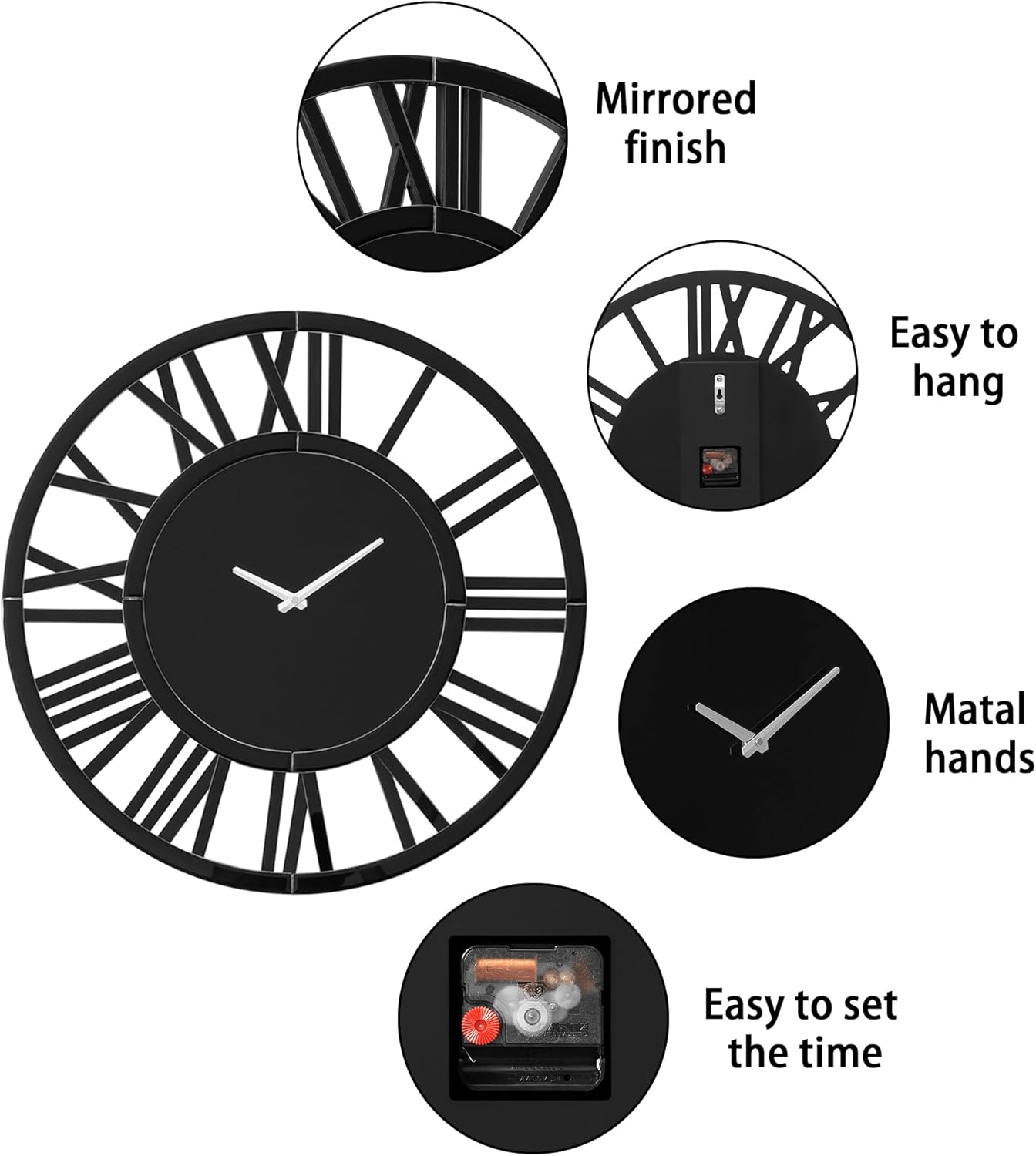 SHYFOY Large Wall Clock - 31.5" Modern Black Wall Clock with Roman Numerals, Decorative Wall Clocks for Living Room, Bedroom, Office - Easy to Hang, Silent Non-Ticking