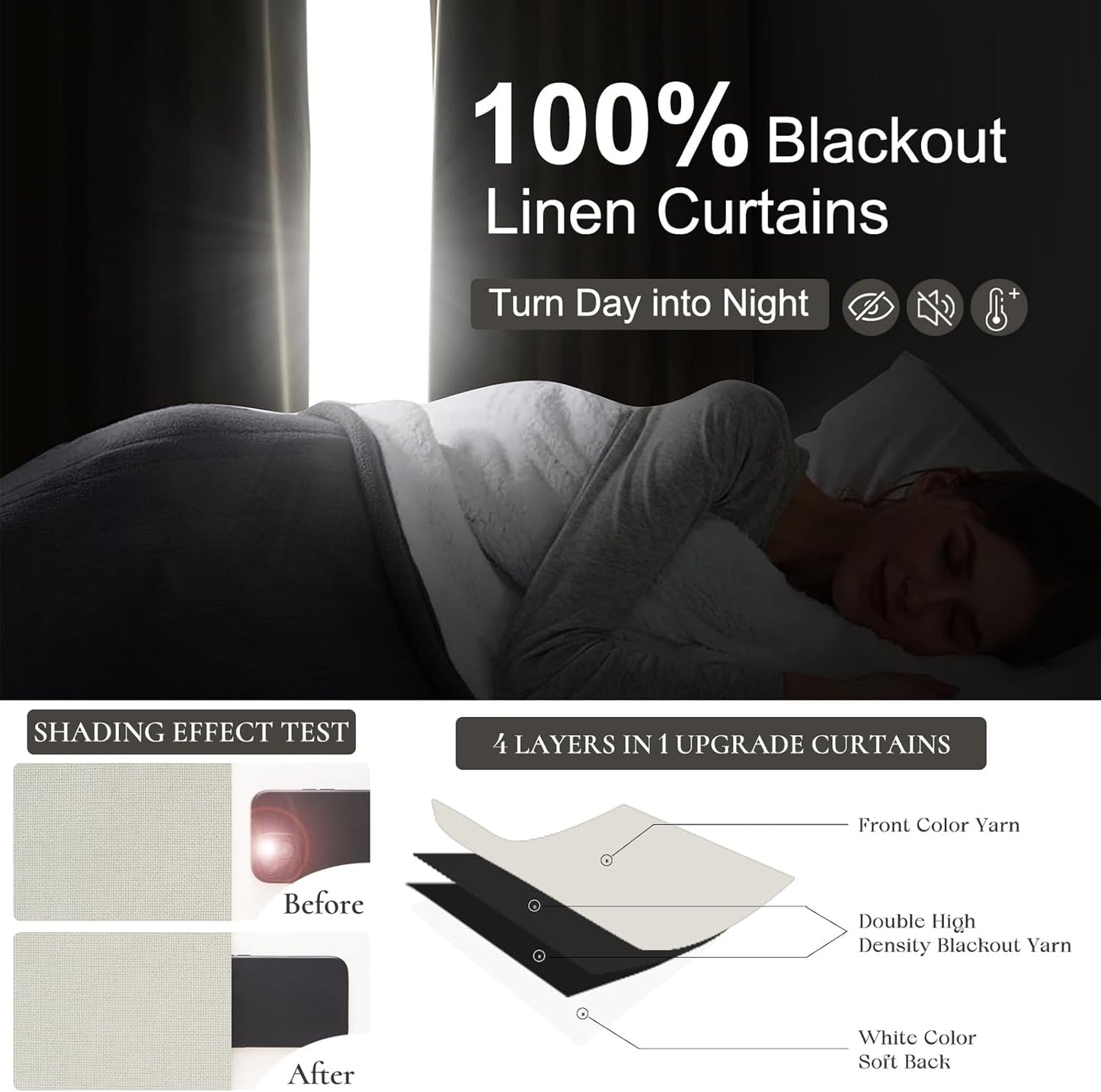 Tall Curtains for Living Room 108 Inches Long, Linen Pinch Pleated 100% Blackout Viral Window Curtains with Hooks for Bedroom Thermal Pleated Drapes for Nursery Beige White(40" Wx108 Lx2 Panels)