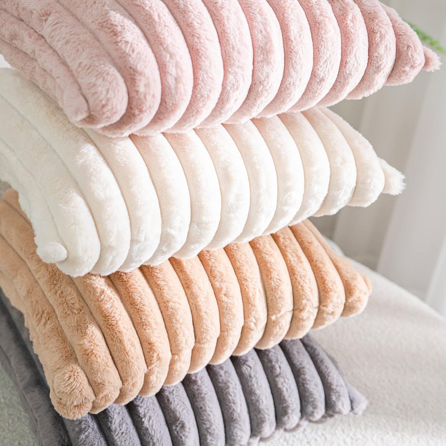 DEELAND Pack of 2 Faux Fur Plush Decorative Throw Pillow Covers Fuzzy Striped Soft Pillowcase Cushion Covers for Sofa Couch Bedroom 16x16 inch
