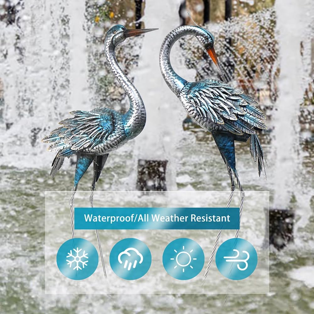 Crane Decor Statues, Blue Heron Garden Statues Metal Yard Art Outdoor Decoy, Garden Sculptures for Yard/Lawn/Pond/Outdoor Decoration, Set of 2