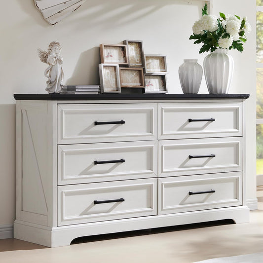 Farmhouse 6 Drawer Dresser for Bedroom, 52 Inch Wide Modern Dresser TV Stand with Large Drawers & Bar Handles, Rustic Wood Chest of Drawers for Bedroom, Living Room, Hallway, Off White