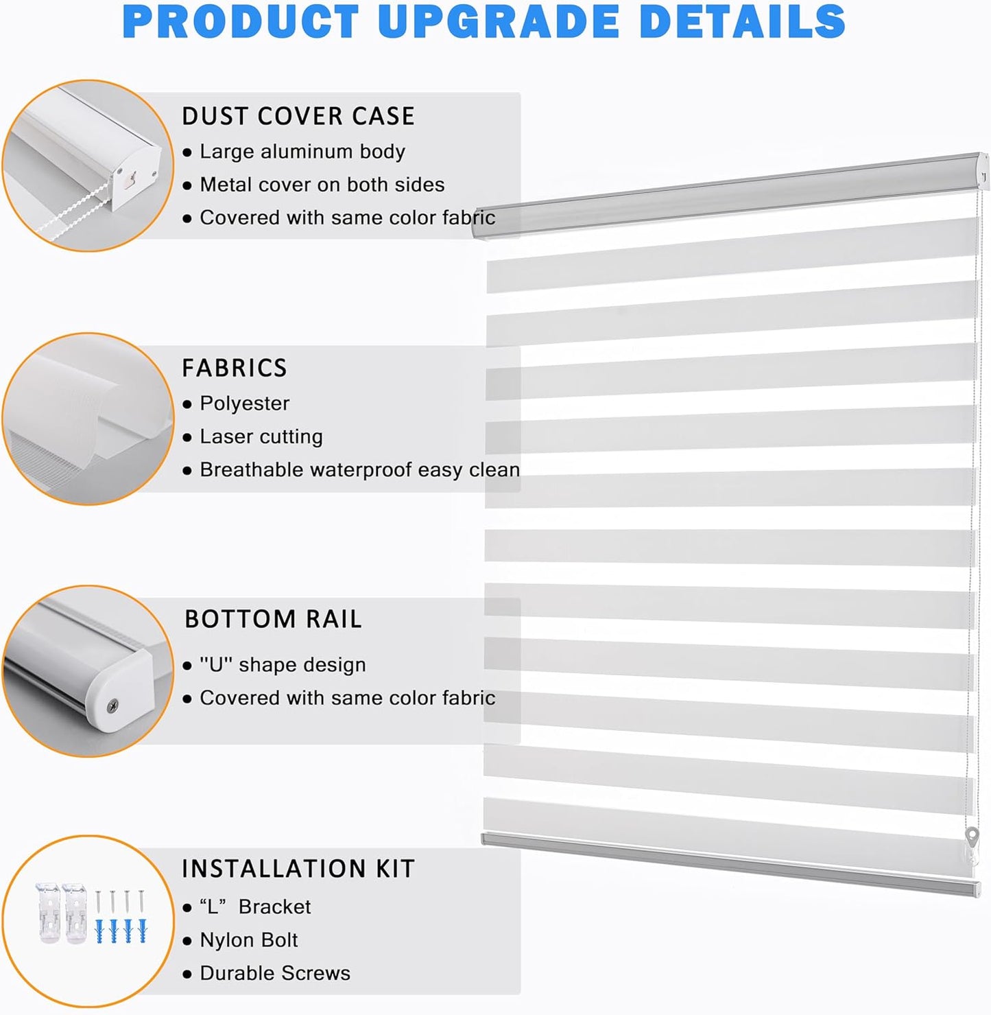 Zebra Roller Shades, Dual Layer Roll Up Blind for Living Room, Semi Sheer Shades Window Privacy Light Control for Day and Night, (Maximum Height 72inch, White Color, Width 30 inch)