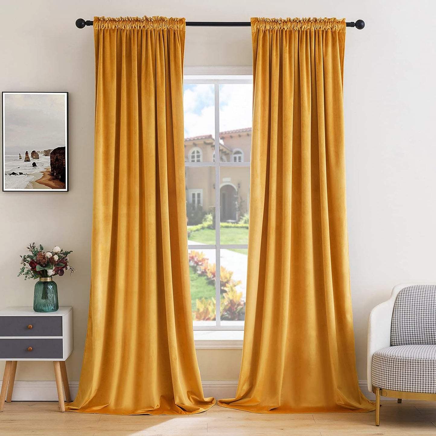 MIULEE Mustard Yellow Velvet Curtains Thermal Insulated Blackout Curtain Fall Drapes for Bedroom Living Room Darkening 108 Inches Long Curtains Panels Rod Pocket Set of 2