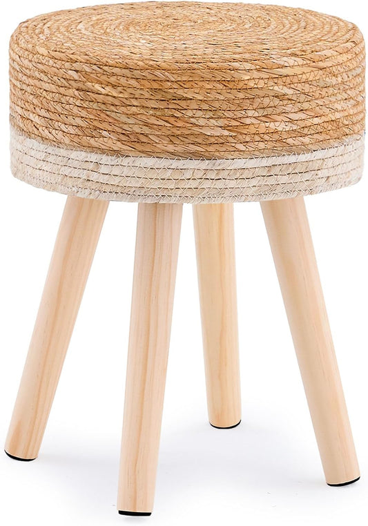 Handwoven Outdoor Ottoman, Water Hyacinth Pouf Round Patio Footstool with Wood Legs, 17-Inch Multipurpose Vanity Stool, Dining Chair, Patio Footrest for Balcony and Garden, White