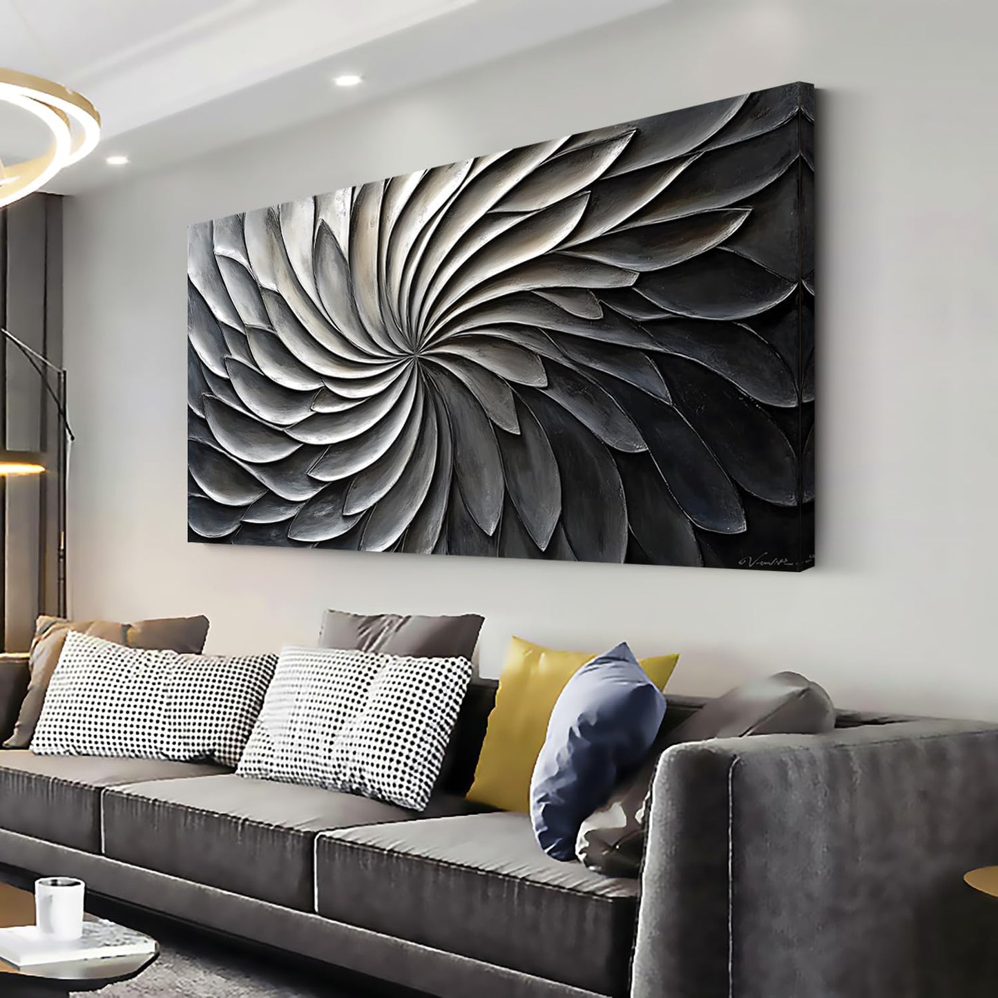 LASMOND Abstract Black and White Wall Art for Living Room Modern Canvas Print Painting Lines Flower Floral Large Artwork Bedroom Home Office Wall Décor (30x16 Inches)