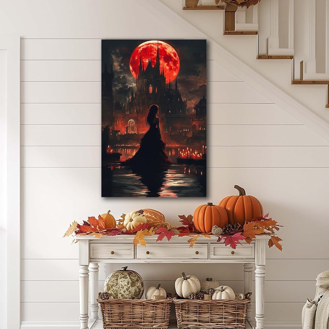 Halloween Witch Poster Canvas Prints Art Vintage Decor,Red Castle Blood Moon and Witch Scene Gothic Painting,Rustic Dark Academia Wall Art for Bathroom Spooky Living Room Wall Decor,24"x36" Framed