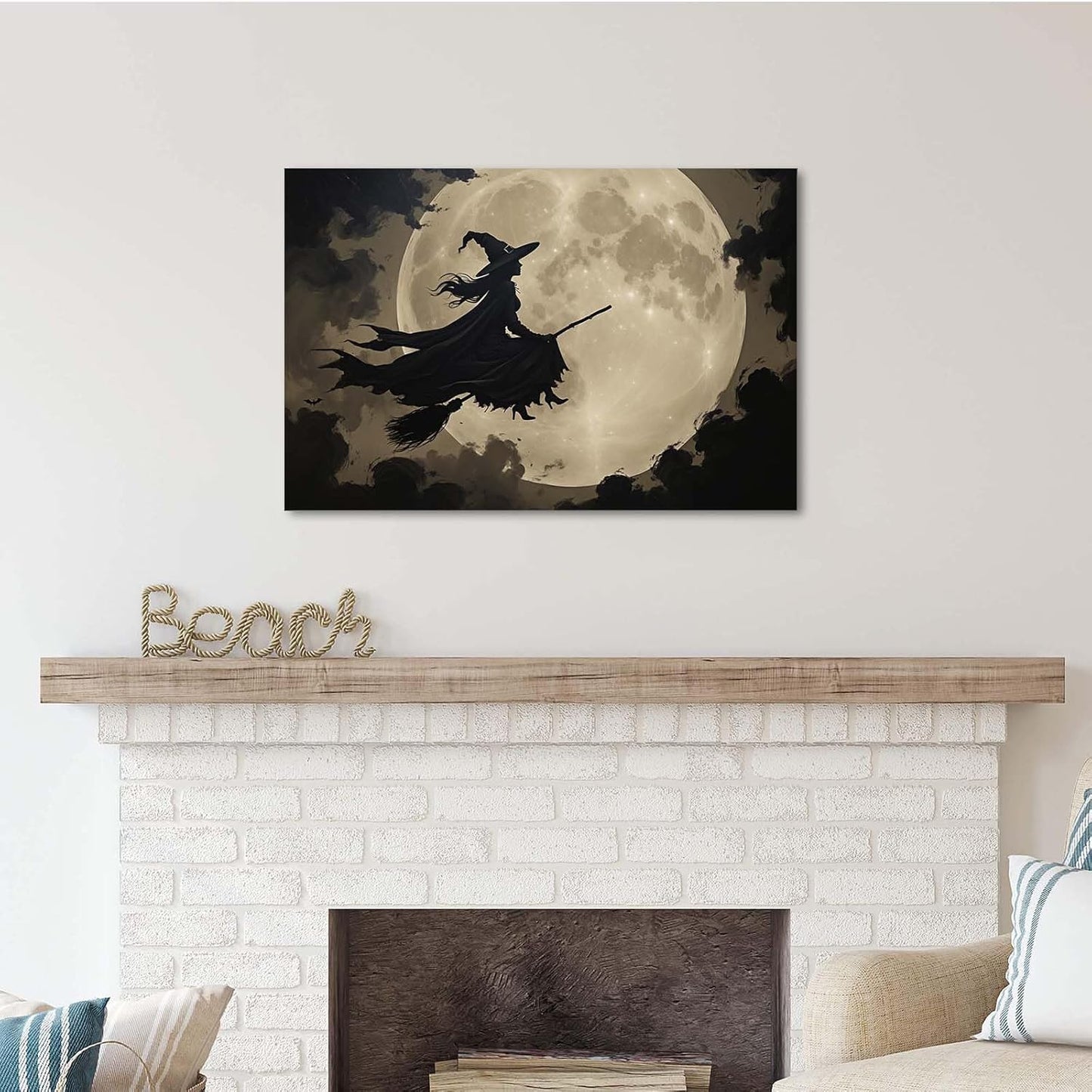 JFHCQJPK Full moon witch silhouette poster witch on magic broom Halloween mural poster decorative mural art suitable for home living room bedroom24x36in Frameless