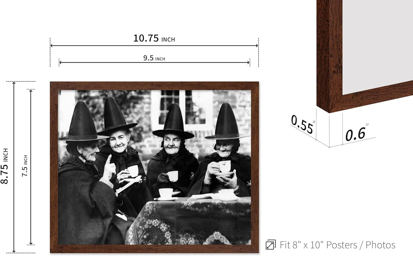 Poster Master Classic Photograph Poster - Vintage Halloween Print - Gift for Artist, Friend - Witches Tea Party, Old Women Smiling, Wearing Robes - Wall Decor for Living Room, 8x10 Brown Framed