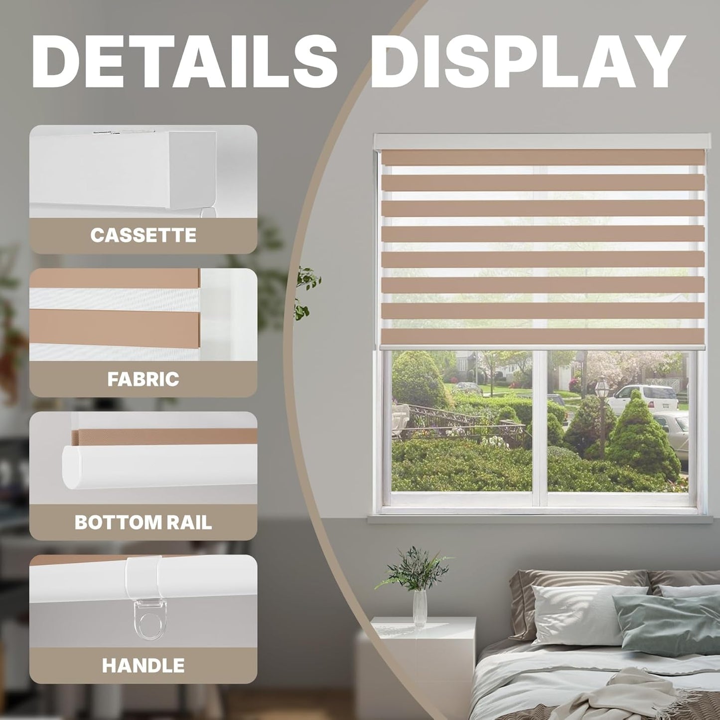 HESTIA Cordless Zebra Blinds Light Filtering Roller Shades UV Blocking Blackout Privacy Indoor Window Blind for Home Office Day and Night, Beige,42" W x 48" H