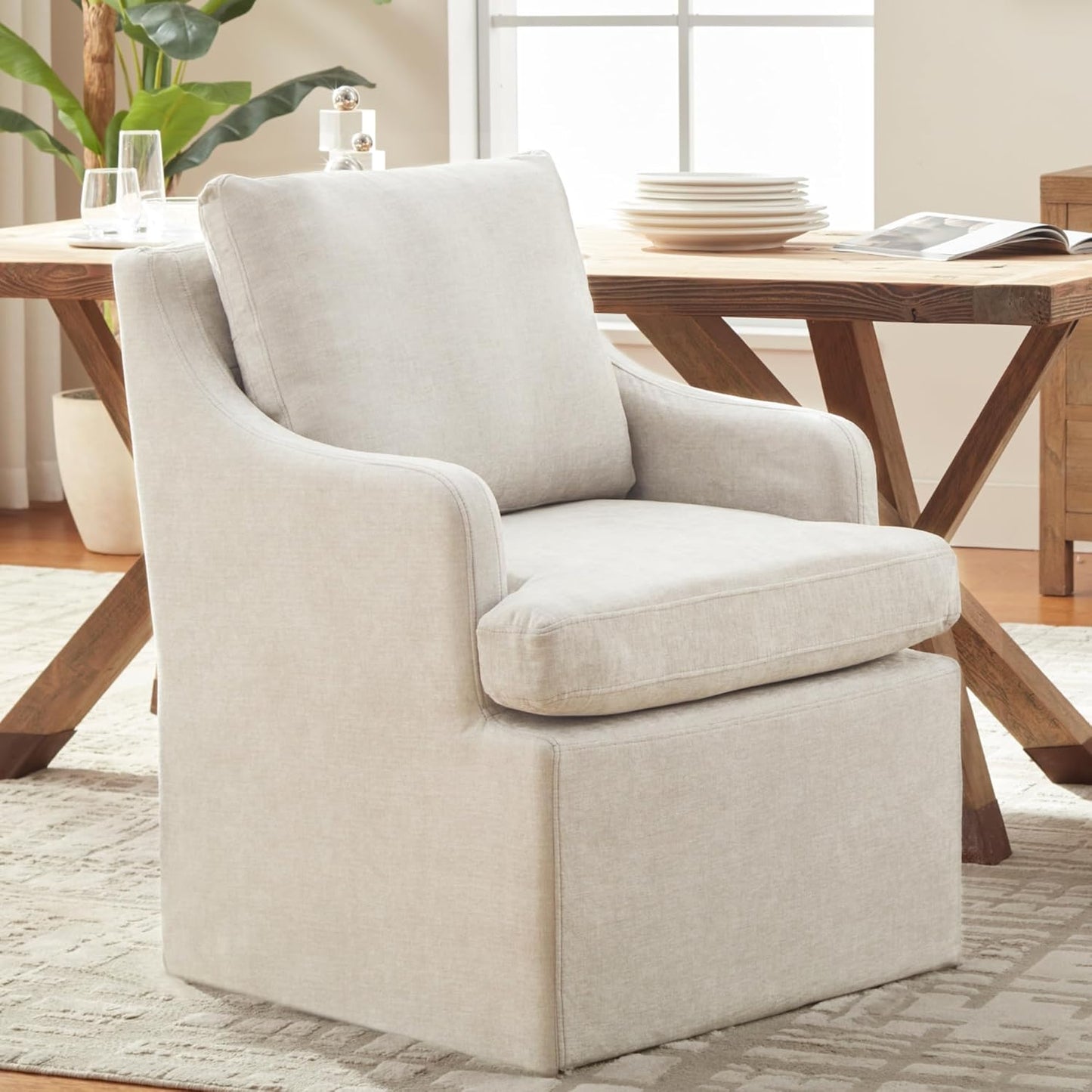 VKNOW Upholstered Dining Chairs Set of 2, Modern Kitchen Chairs Dinner Chairs with 4 Casters, Linen Armchair for Bedroom Reading Room Living Room, Beige