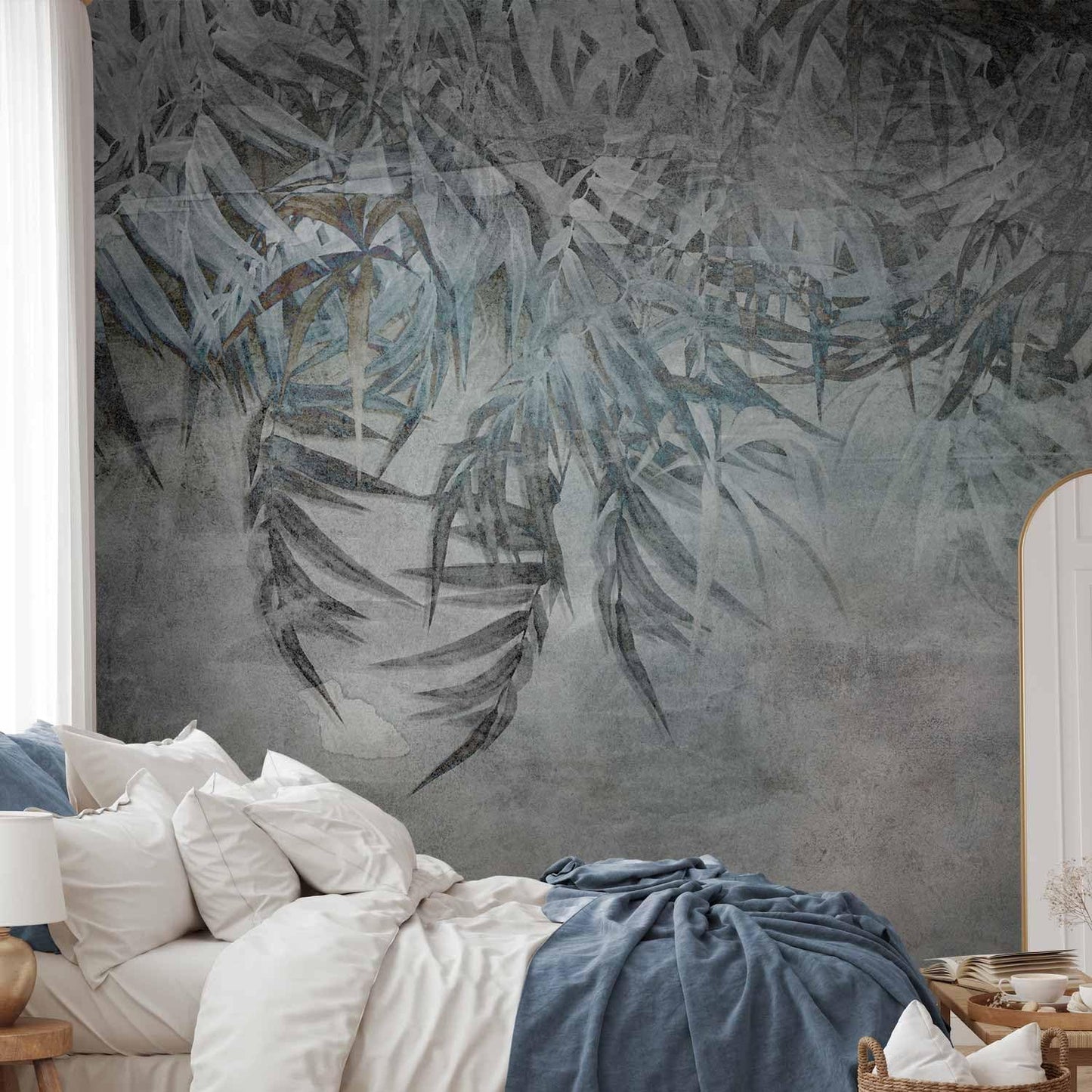 artgeist Premium Wall Mural Leaves 197x138 in - Non-Woven Wallpaper Fleece Wall Decor Photo Print Picture Image Design Palm Leaves Concrete Nature Grey b-C-10103-a-a