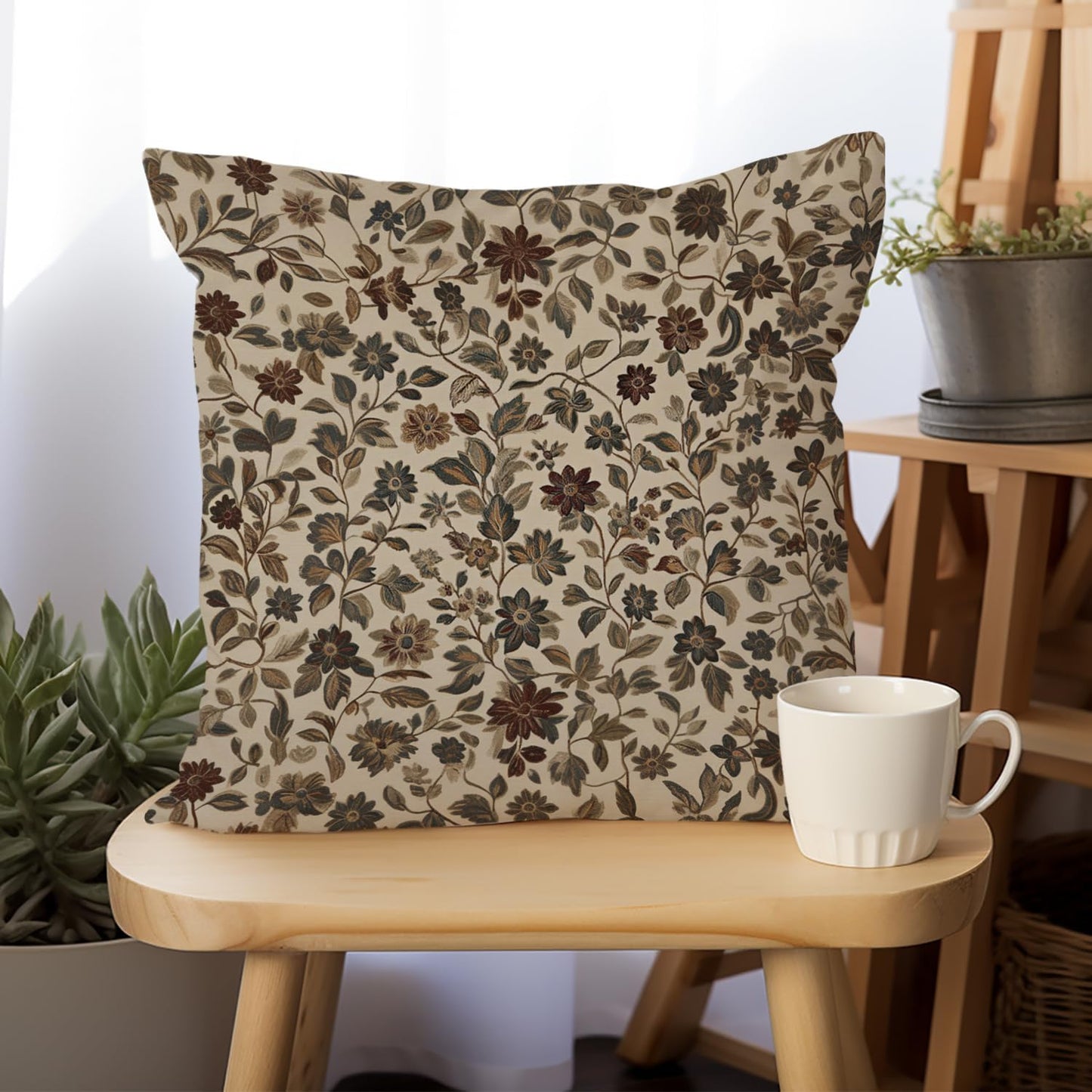 William Morris Abstract Vintage Floral Velvet Butterfly Design Throw Pillow Covers Home Decor, Retro Art Deco Pillowcase Cushion Cover for Bed Sofa Living Room, Square 18x18inch (Beige-Floral)
