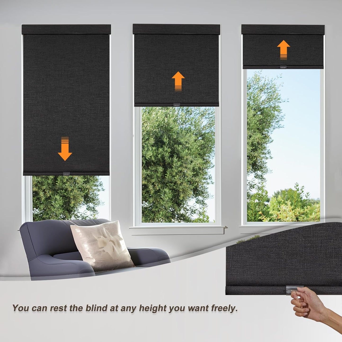Persilux Free-Stop Cordless Blinds for Indoor Windows with Cover, Window Shades Blackout Roller Blinds, Thermal Insulated Fabric UV Protection for Kitchen, Office, Living Room, Black(56.5" W x 56" H)