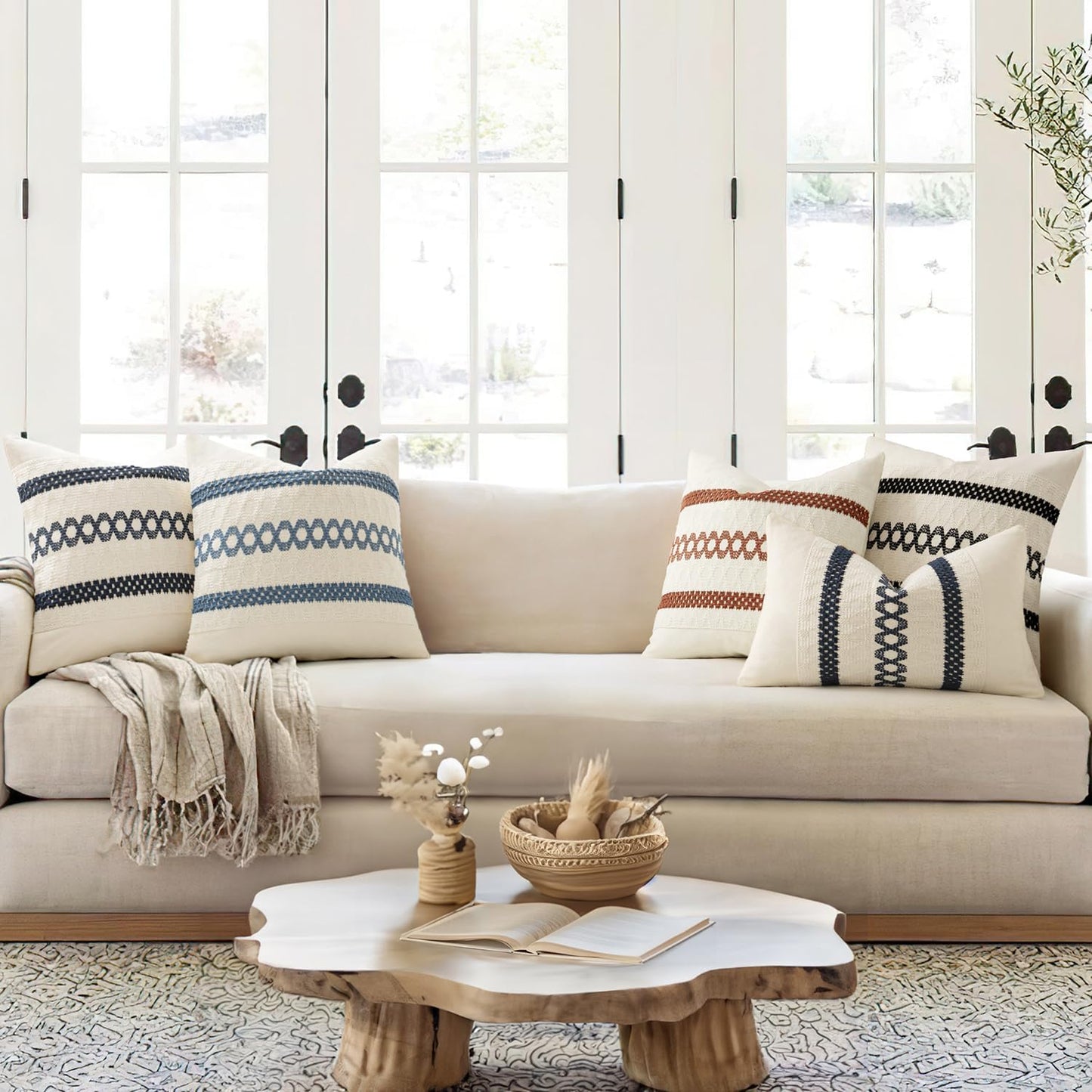 MIULEE Set of 2 Navy Blue Boho Decorative Pillow Covers 18x18 Inch Farmhouse Rustic Couch Throw Pillows Modern Spring Cotton Cushion Covers Retro Cute Macrame Woven Home Decor for Bed Sofa Chair