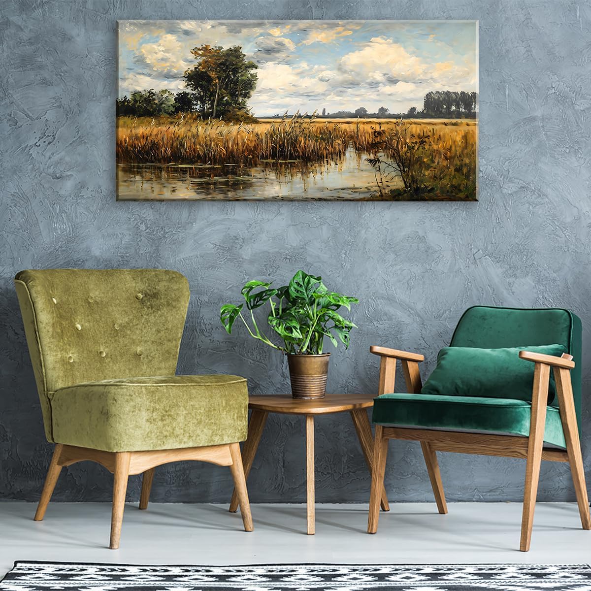 LASMOND Beautiful Wilderness Meadow Canvas Wall Art Oil Painting Reproduction Print Vintage Wildflower Field Scenery Countryside Landscape Tree Rustic Retro Decor Artwork Country Farmhouse Living Room 58x28 Inches