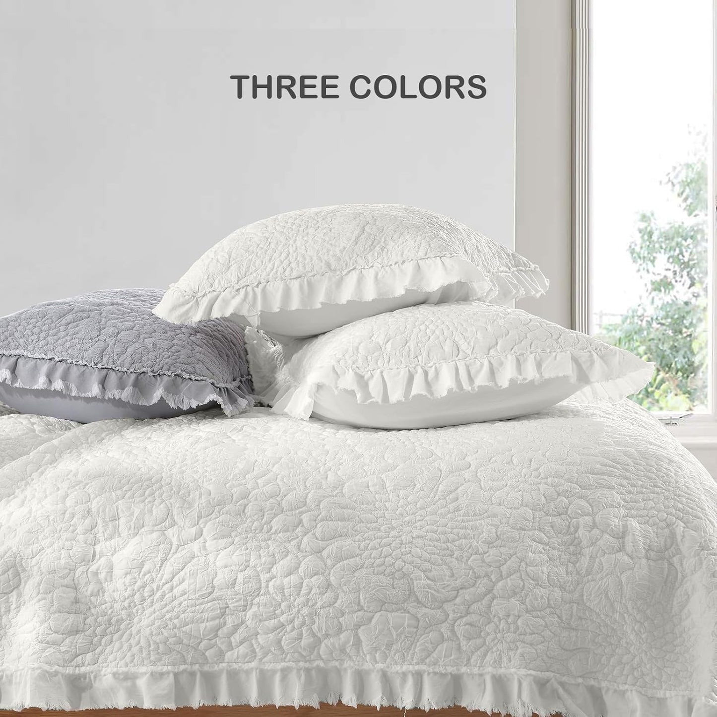 HORIMOTE HOME Cream White Ruffled Quilt Twin Size, Stone-Washed Microfiber Lightweight Crinkled Farmhouse Rustic Shabby Chic Bedding Set, 2 Pieces Reversible Bedspread with Pillow Sham for All Season