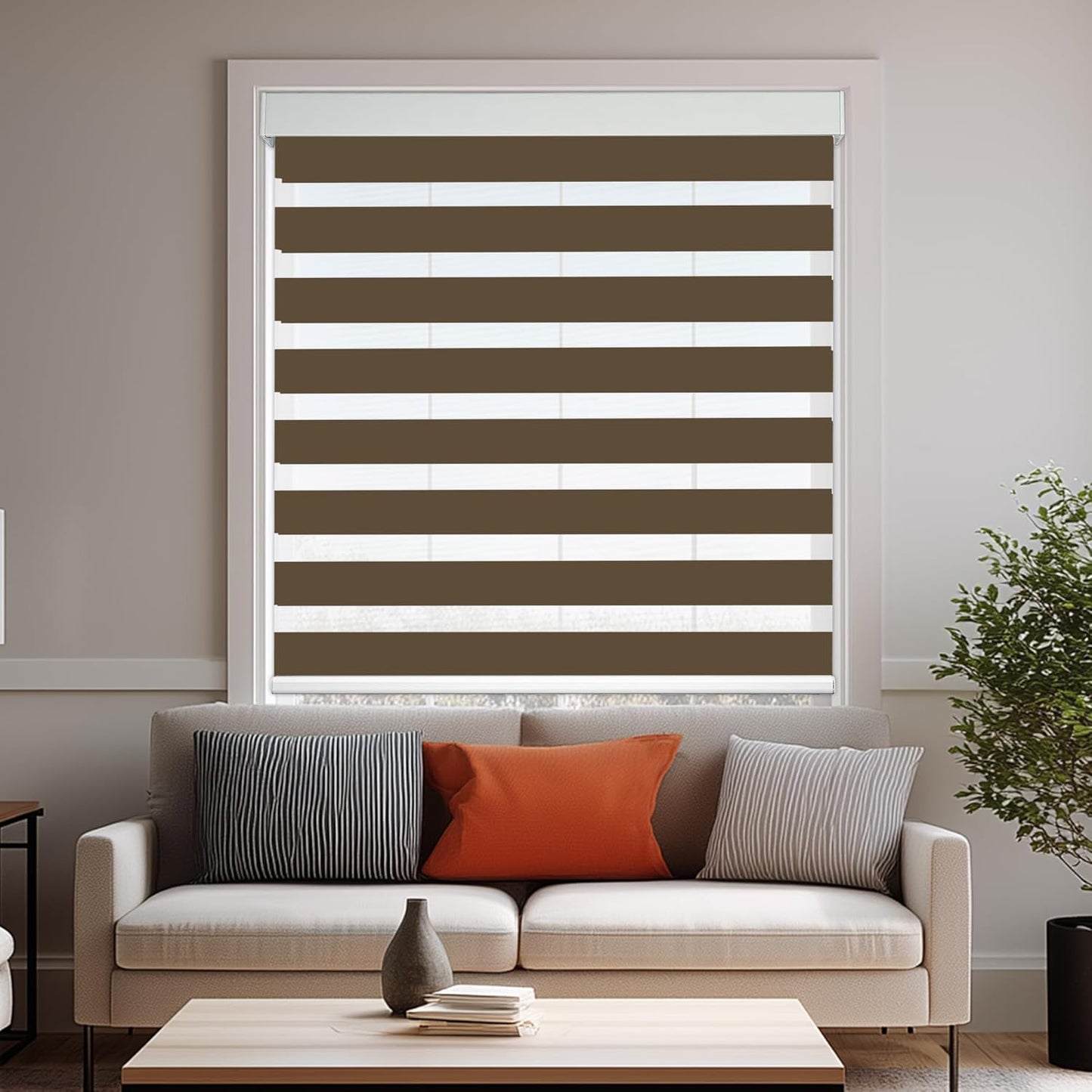 HESTIA Cordless Zebra Blinds Light Filtering Roller Shades UV Blocking Blackout Privacy Indoor Window Shades for Home Office Day and Night, Brown,44" W x 54" H