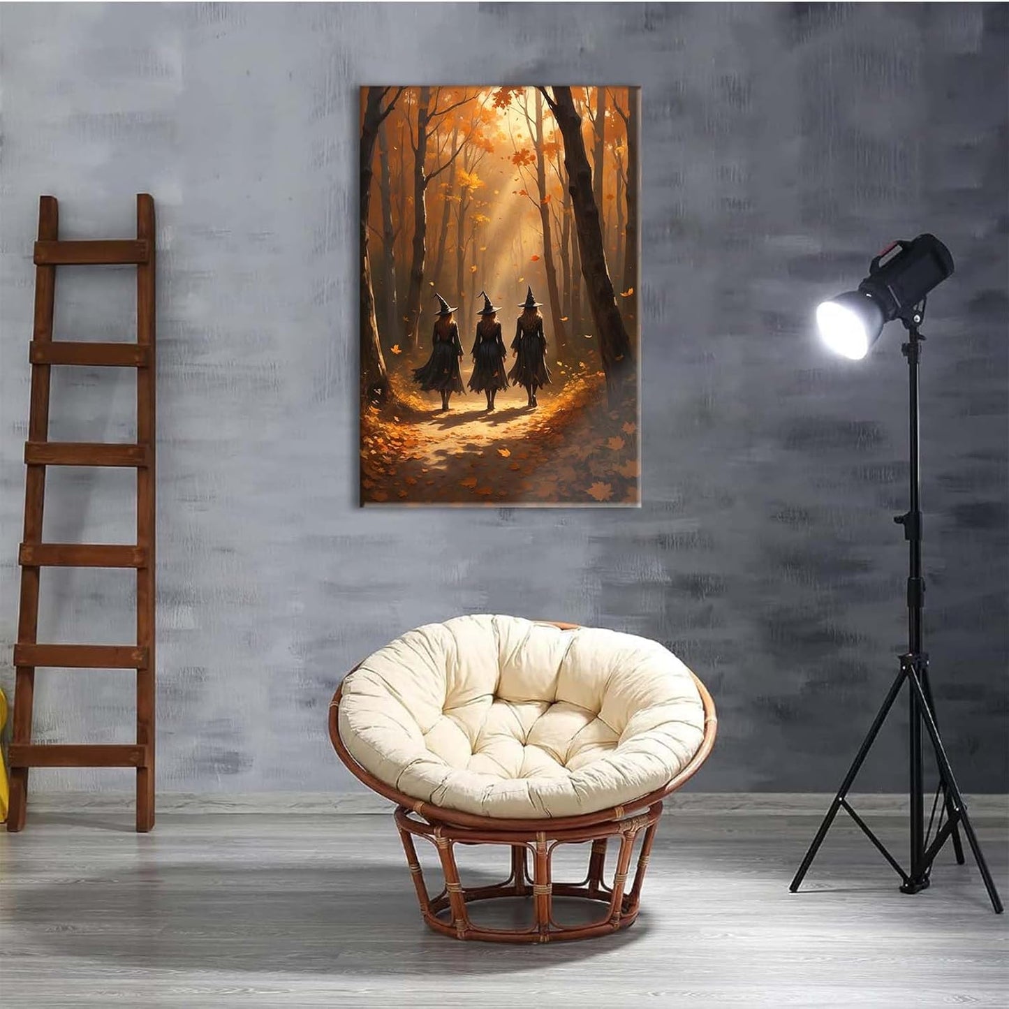 JFHCQJPK Three witches walking in the forest in autumn canvas painting gothic poster halloween print country witch wall art for home decoration16x24in Frameless