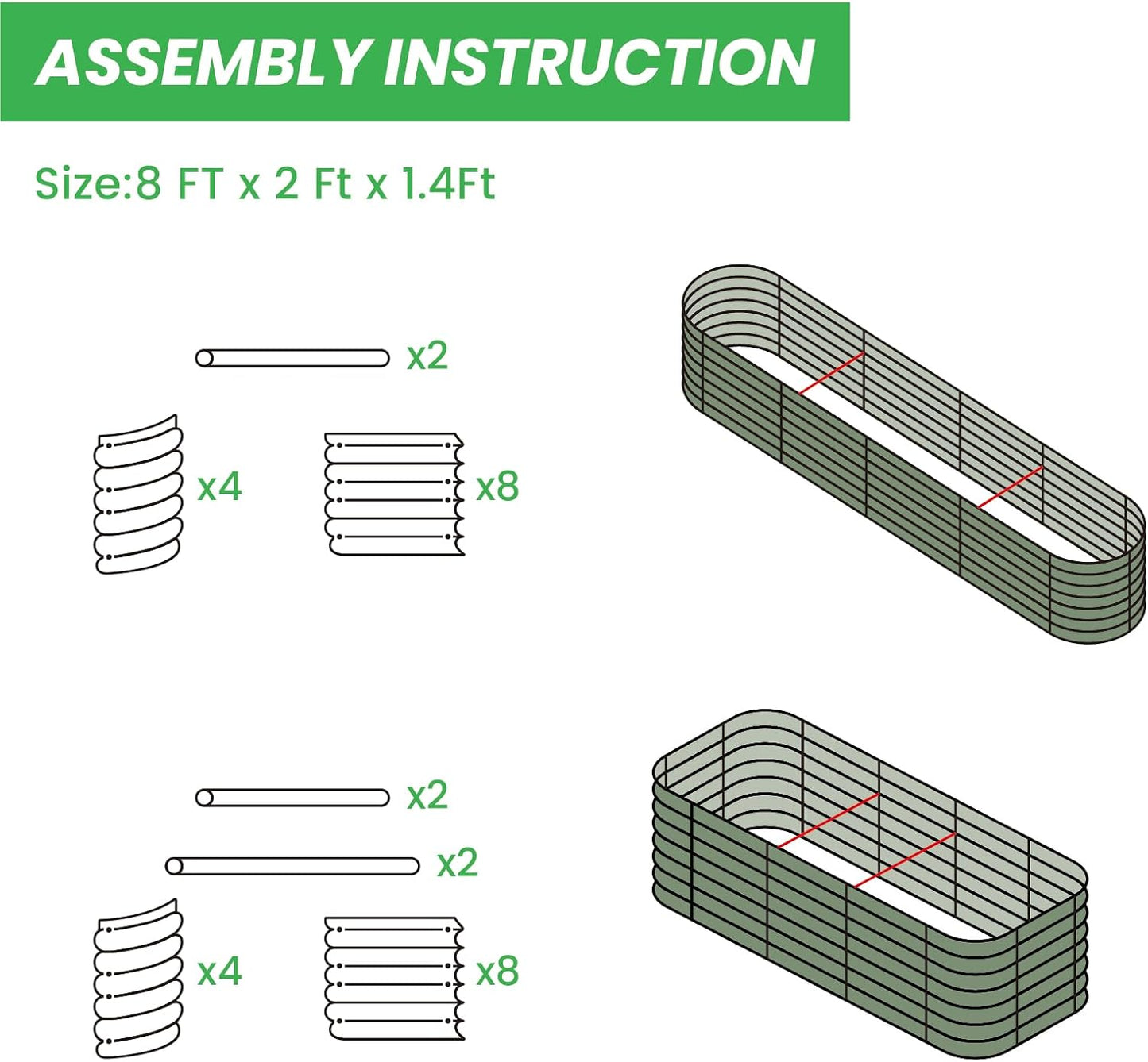 Raised Garden Bed Kit 8×2×1.4 FT Magnesium-Aluminum-Zinc Stainless Steel Metal Planter Box for Planting Outdoor Plants Vegetables（Light Green）
