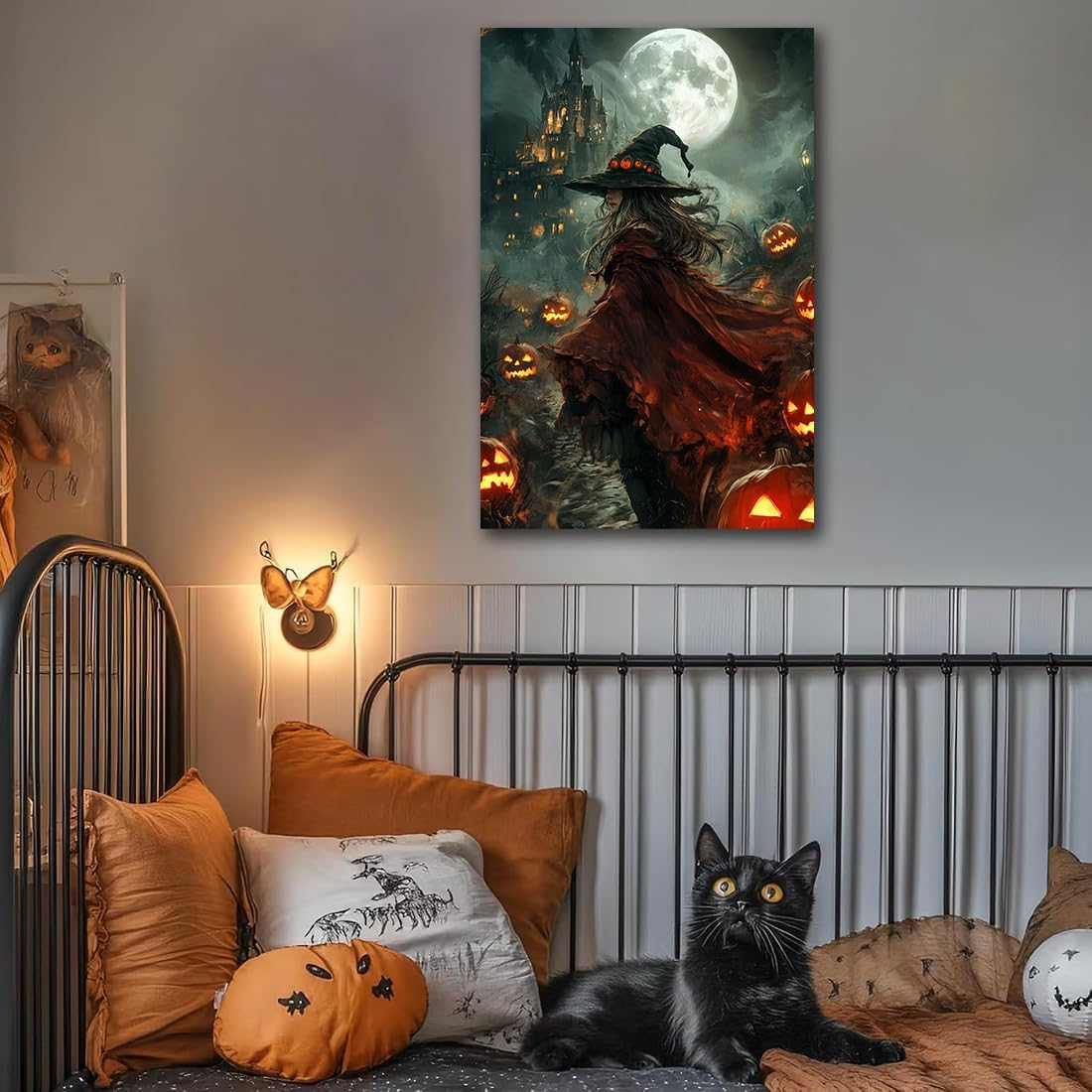 Dark and Moody Gothic Witch Poster Wall Art,Vintage Rustic Witch in Cloak with Castle Pumpkin Road Dark Gothic Poster,Goth Spooky Season Halloween Prints for Fantasy Office,16"x24" Unframed