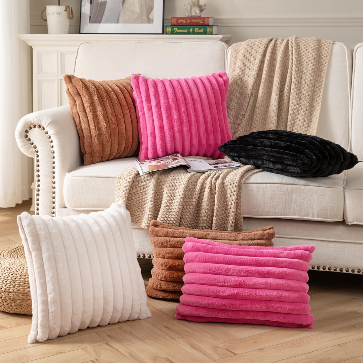 DEELAND Pack of 2,Double-Sided Faux Fur Plush Decorative Throw Pillow Covers Fuzzy Striped Soft Pillowcase Cushion Covers for Sofa Couch Bedroom Brown 16x16 inch