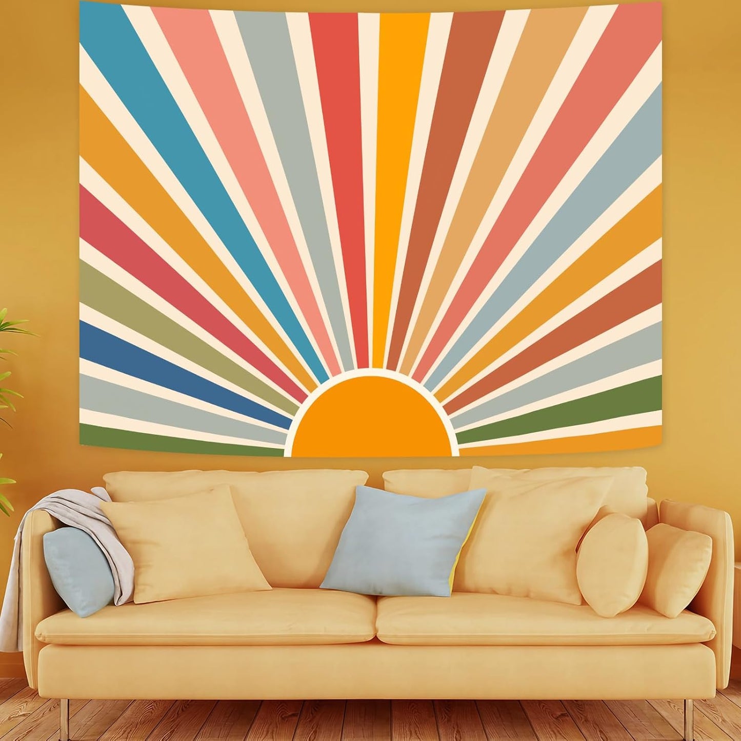 Kanuyee Boho Burning Sun Tapestry Wall Hanging, Retro 70s Abstract Vintage Geometric Rainbow Sunrise Tapestries for Bedroom Living Room Backdrop 44×60 inch
