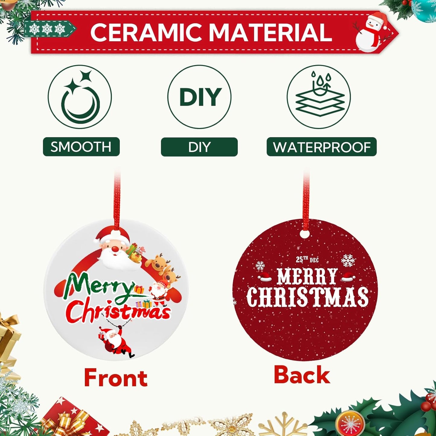 60 PCS Sublimation Ceramic Ornament Blank 3 Inch Round Two-Sided Printed White Ceramic Decoration Christmas Sublimation Ornament Blanks with Gold String for DIY Crafts Christmas Tree Decoration
