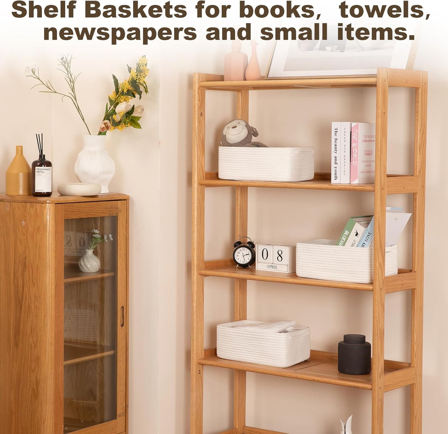 3 Pack Small Storage Baskets for Organizing, Cute Woven Decorative Gift Baskets for Shelves, Mini Closet Organizer Bins with Handles-13''Lx8.66''Wx5.11''H-White