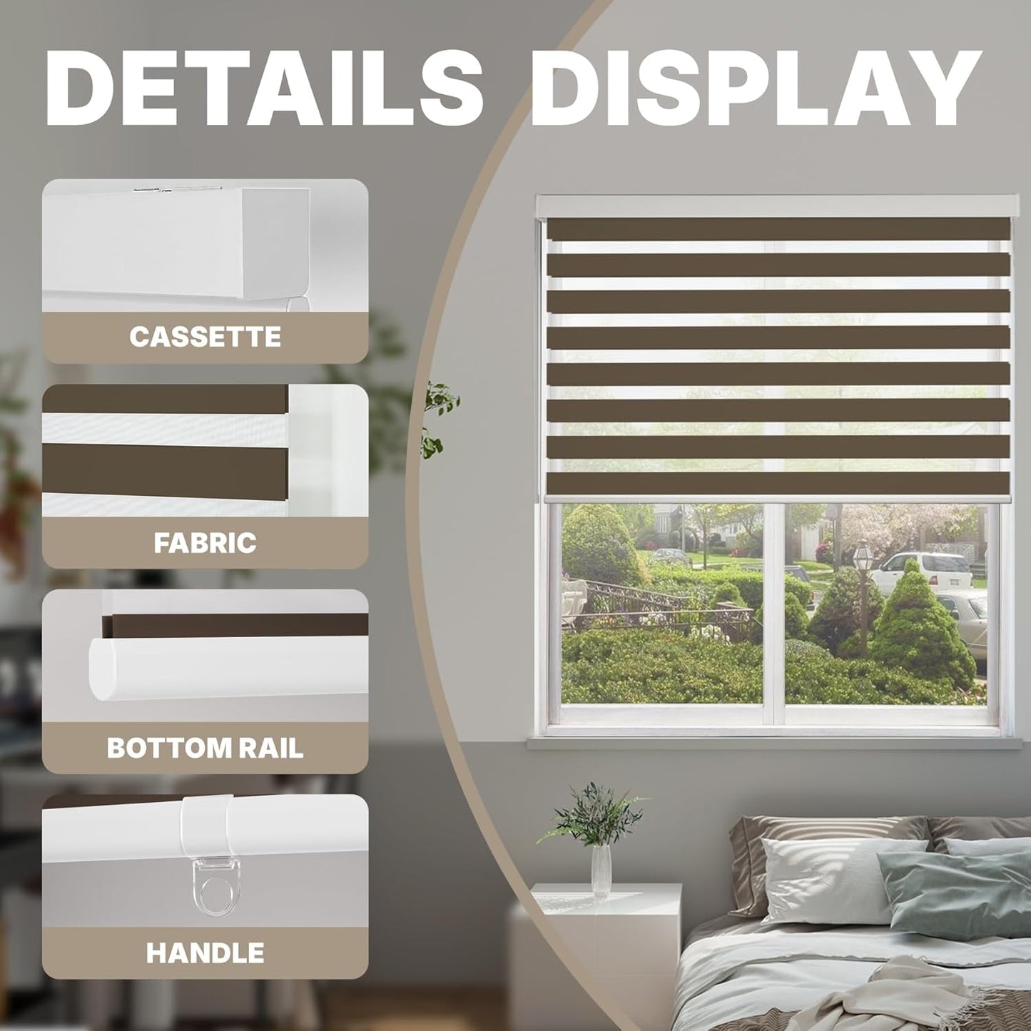 HESTIA Cordless Zebra Blinds Light Filtering Roller Shades UV Blocking Blackout Privacy Indoor Window Shades for Home Office Day and Night, Brown,49" W x 60" H