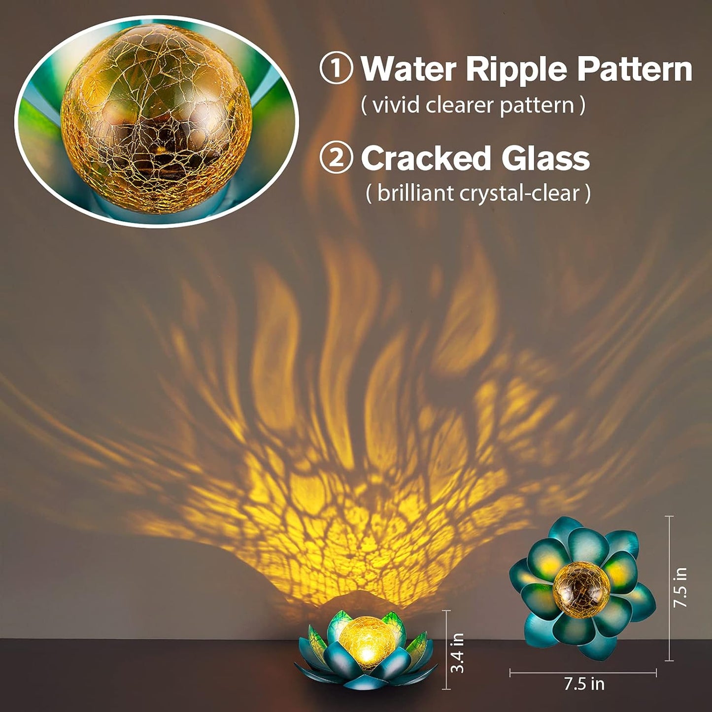 Solar Light Outdoor(2Pack), Art Crackle Globe Glass Lotus Decoration, Solar LED Waterproof Blue Metal Flower Lights for Patio,Lawn,Walkway,Tabletop