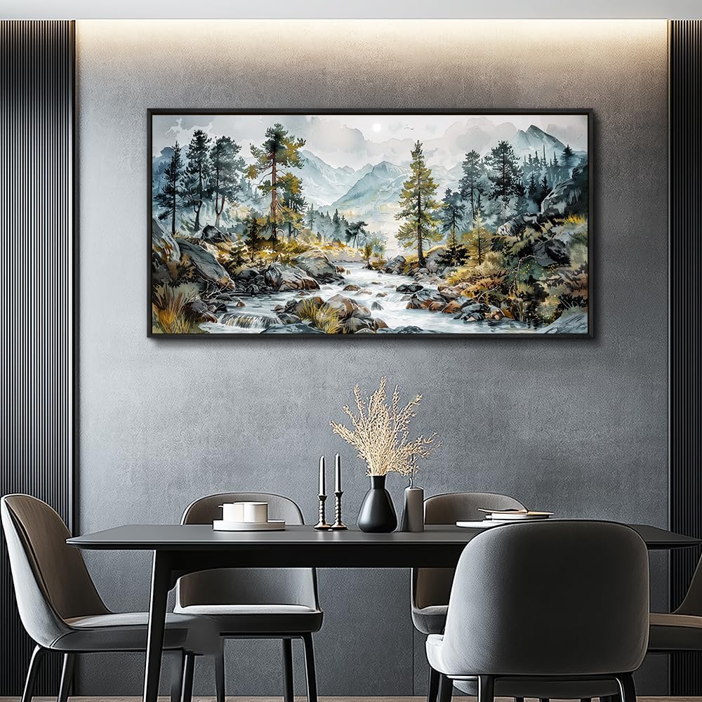 PHAOHUAXM Large Wall Art For Bedroom Wall Decor For Living Room Office Home Decoration Rivulet View Painting Forest Tree Landscape Watercolour Canvas Pictures Ready To Hang Black Framed 20x40 In