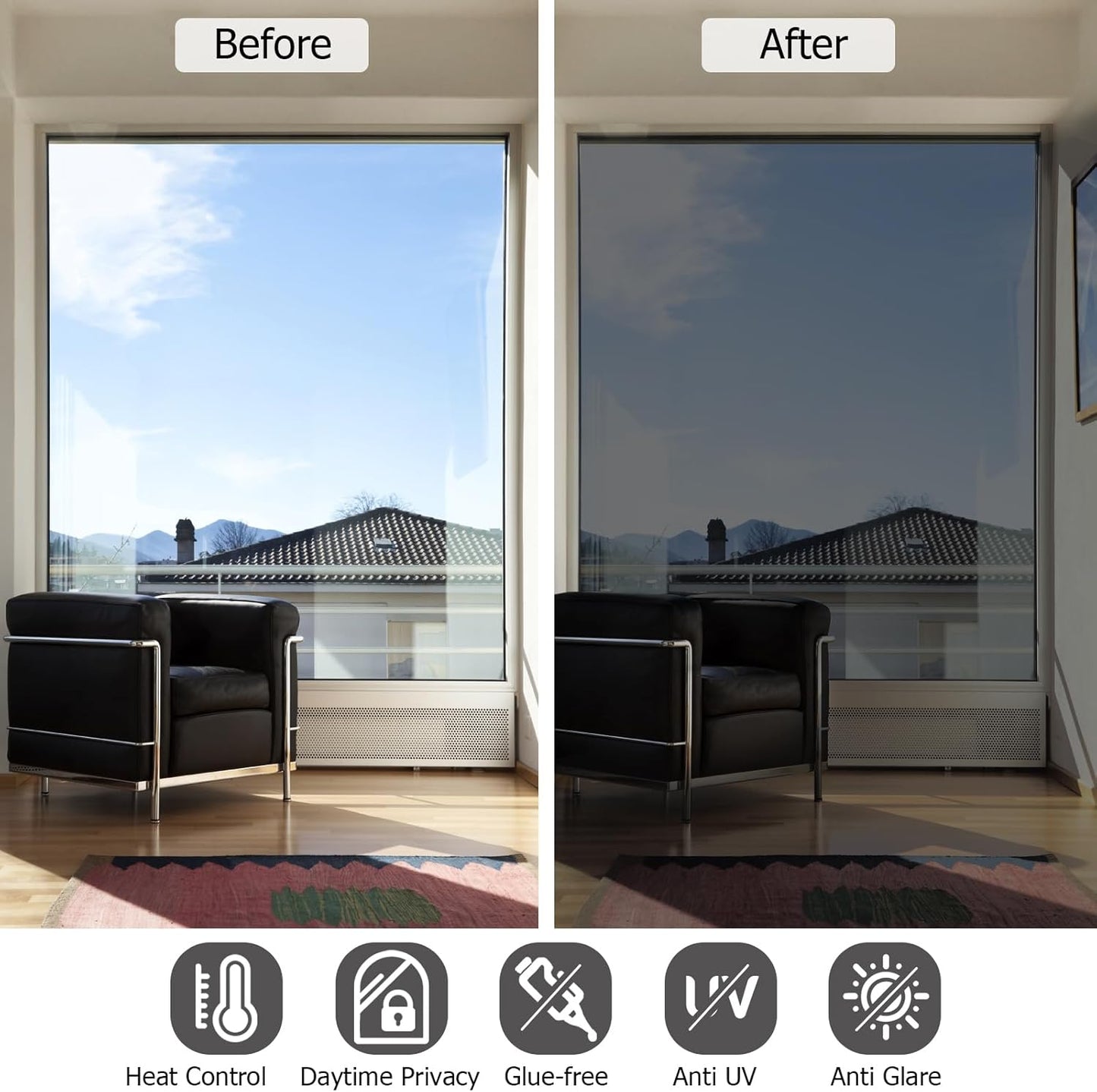 HIDBEA One Way Privacy Window Film, Daytime Privacy Sun Blocking Anti UV Reflective Window Film Heat Control Static Cling Window Tint Film for Home and Office, Black Silver, 41.3 x 78.7 Inch