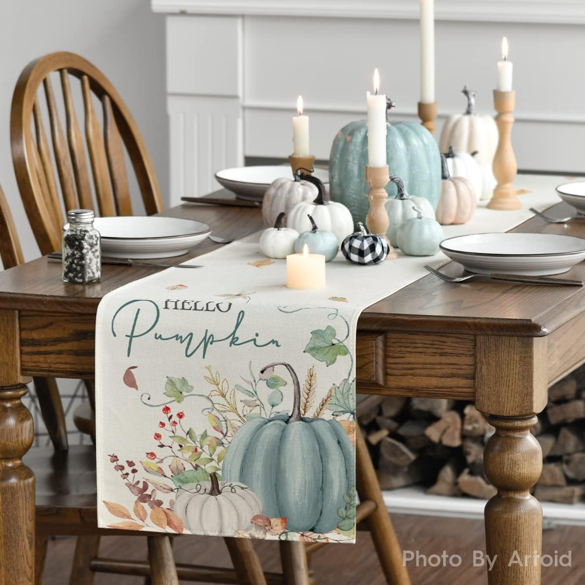 Artoid Mode Aqua Hello Pumpkin Leaves Fall Table Runner, Seasonal Autumn Kitchen Dining Table Decoration for Home Party Decor 13x108 Inch