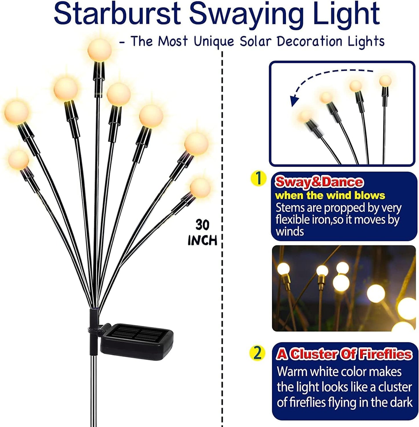 TONULAX Solar Garden Lights - Upgraded Solar Swaying Light, Sway by Wind, Outdoor Lights, Yard Patio Pathway Decoration, High Flexibility Iron Wire & Heavy Bulb Base, Warm White(8 Pack)