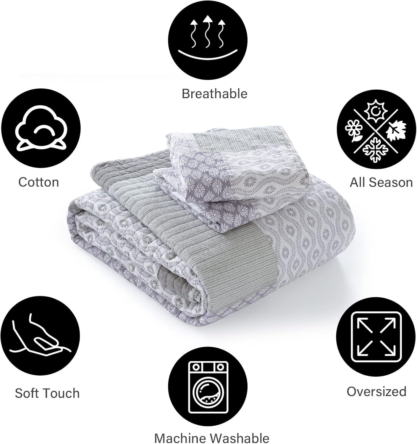 PANGUSHAN Quilt Set King Size, 100% Cotton Bedspread Quilt Bedding Set, Patchwork Reversible Floral Quilt for King Bed, Purple/Grey/White Bed Spread, Lightweight Comforter for All Season, 3 Pieces