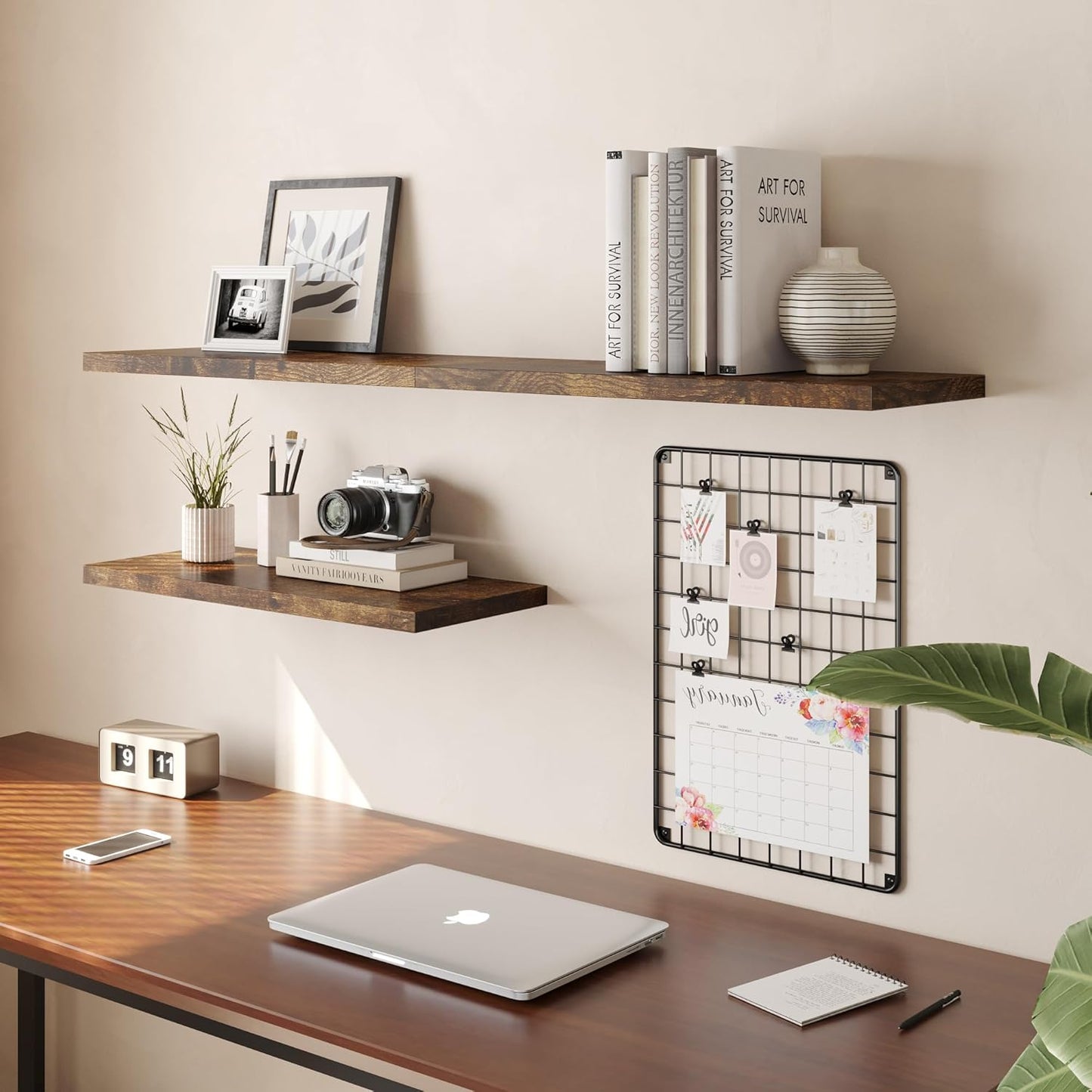 Wall Shelf Set of 2, Rustic Brown Floating Shelves 24 in W x 10 in D x 1 in H, Wooden Floating Wall Shelf with Invisible Brackets for Living Room/Bedroom/Bathroom/Kitchen Storage and Decor