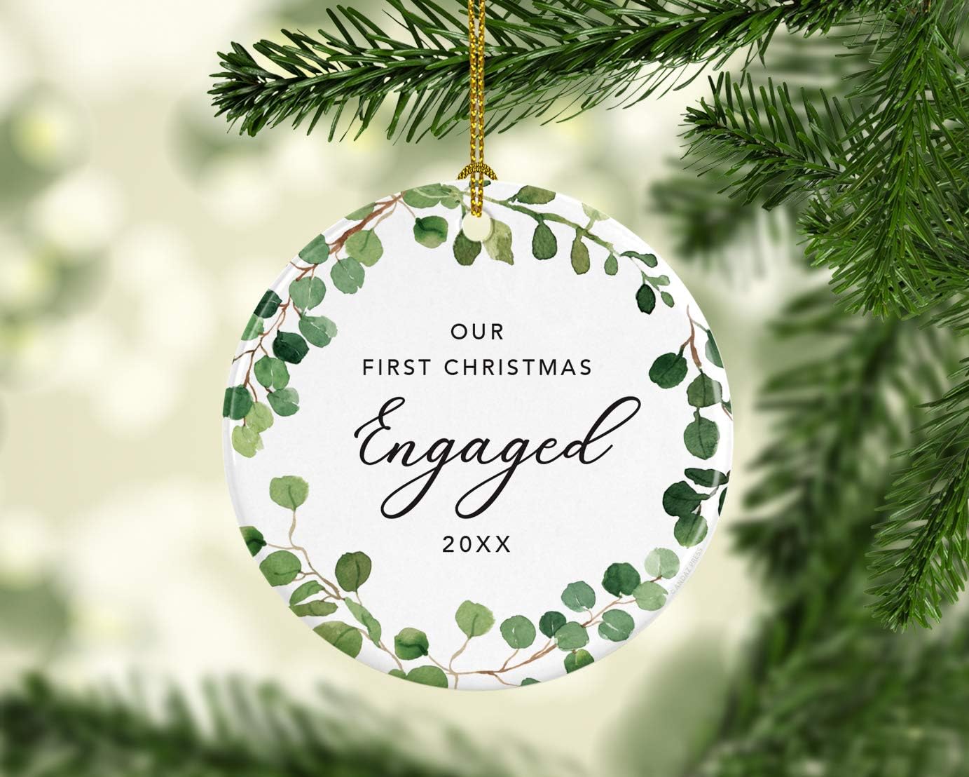 Andaz Press Custom Year Round Ceramic Porcelain Christmas Tree Ornament Keepsake Collectible Gift, Our First Christmas Engaged 2025, Farmhouse Eucalyptus Wreath, 1-PackCouple