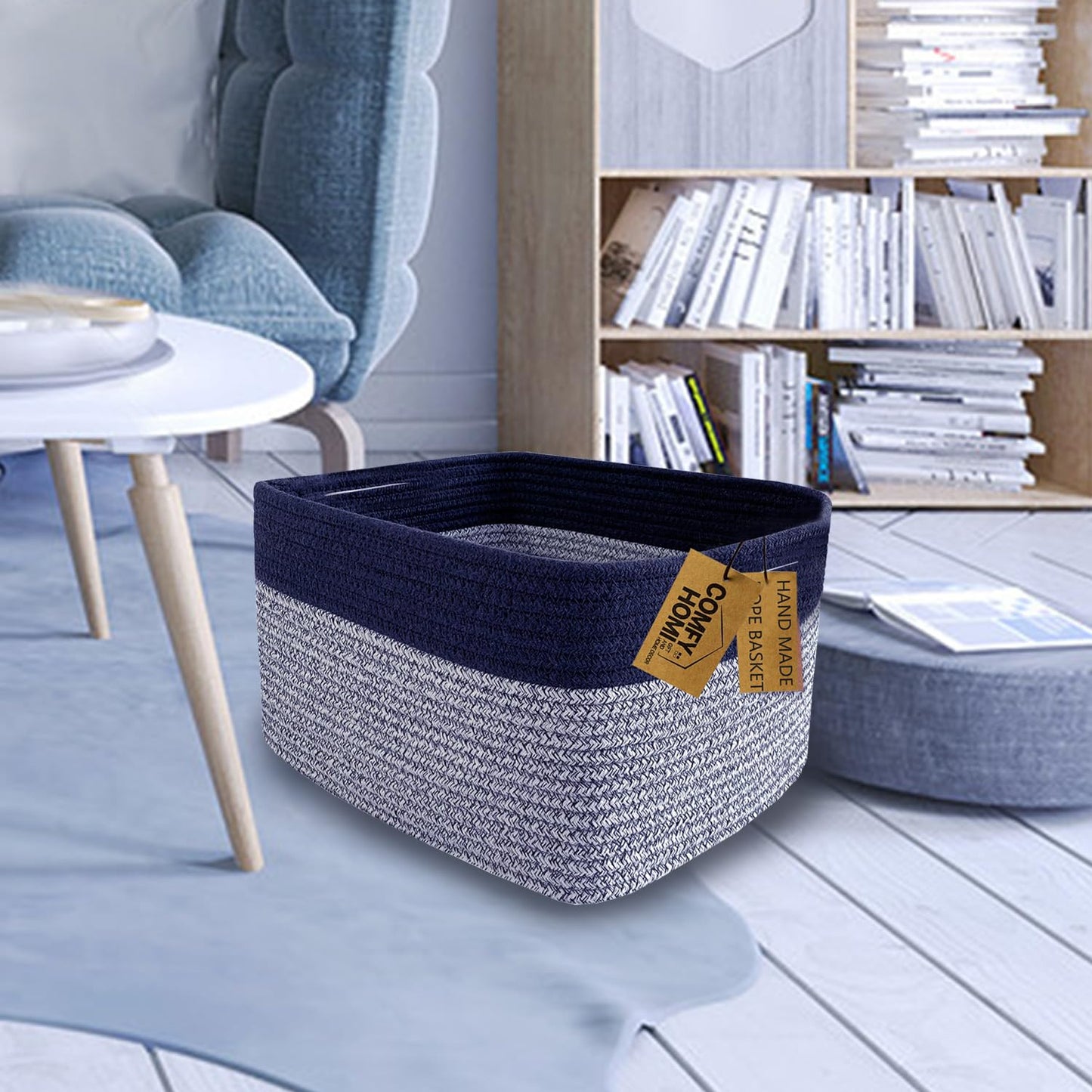 COMFY-HOMI Rectangular Cotton Rope Basket With Handles for Shelves|Dog Toy|Baby Gift - Dark Blue (13.5" x 11" x 9.5")
