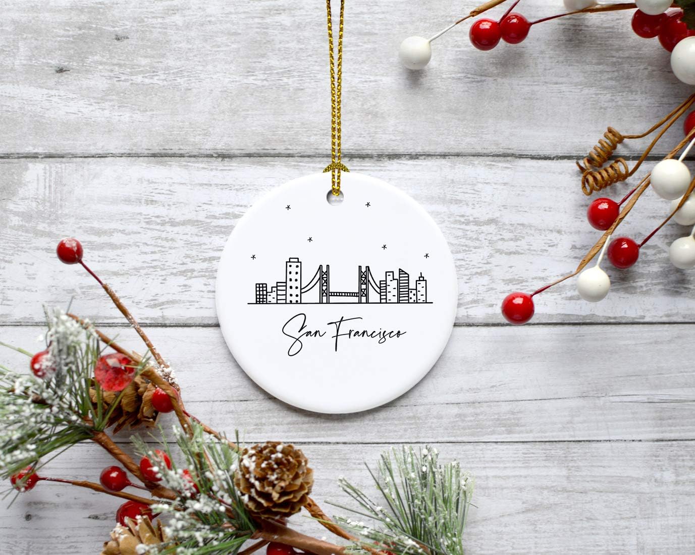 Andaz Press Round Ceramic Porcelain Christmas Tree Ornament Keepsake, San Francisco, Black and White Stars City Skyline Graphic, 1-Pack, Birthday Gift Ideas Family Coworker, Includes Gift Box