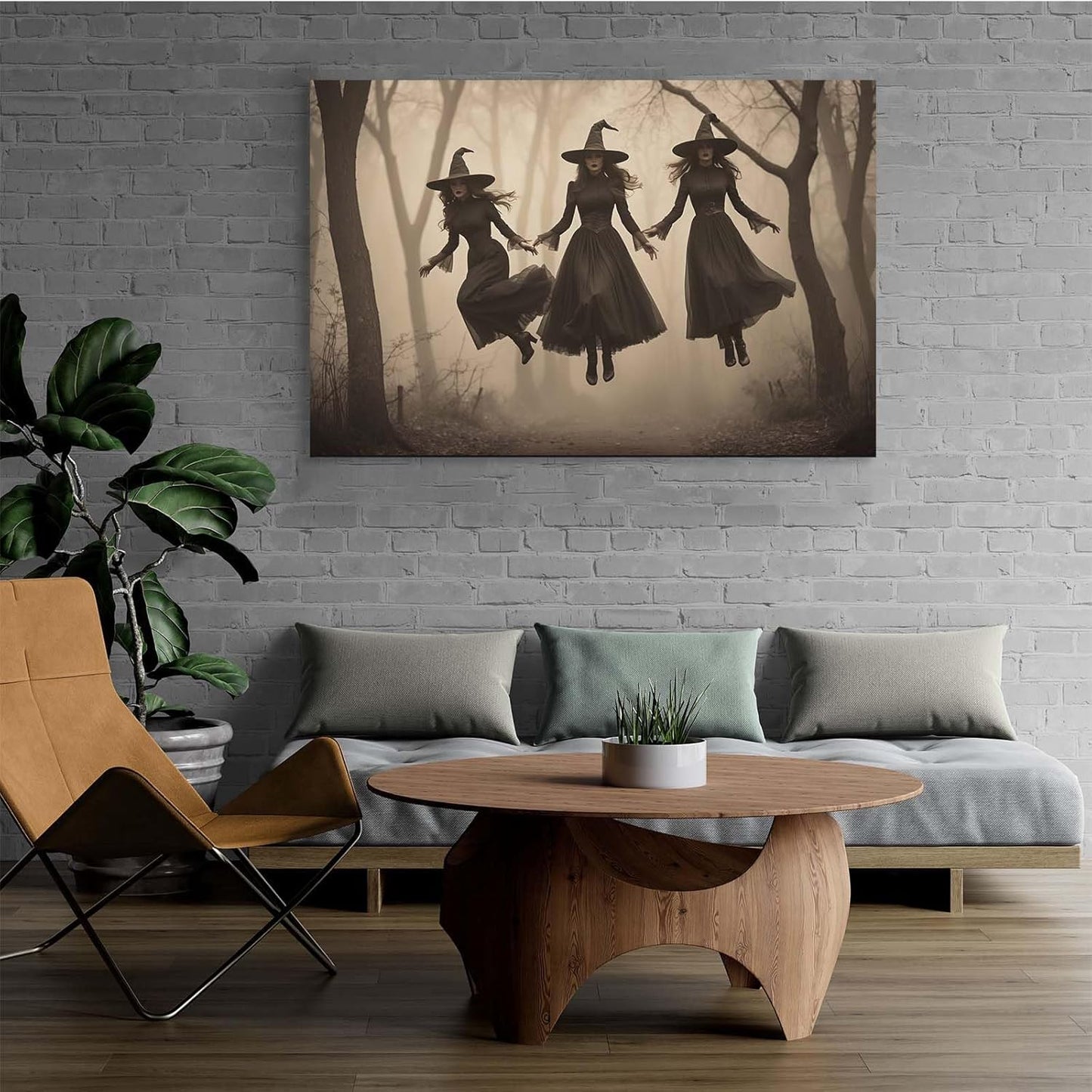 JFHCQJPK Three ghost witches flying in vintage forest gothic wall art witchcraft decoration holiday gift canvas wall art print24x36in Frameless
